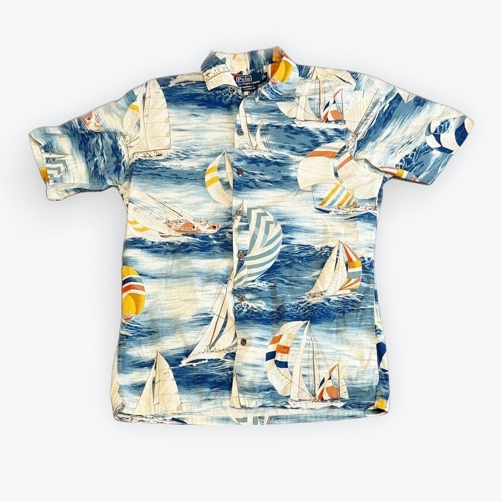 Polo Ralph Lauren Mens Classic Fit Sailboat Nautical Print Button Up Shirt Blue